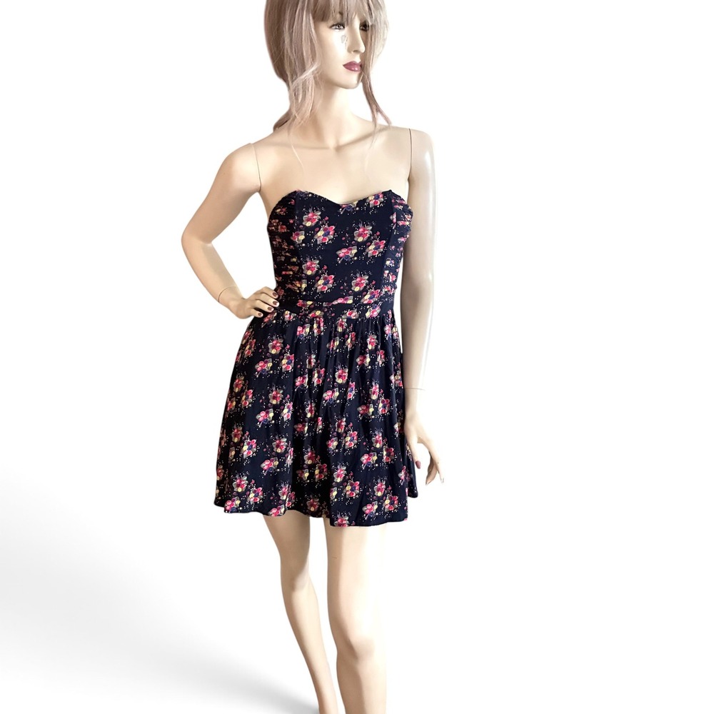 Floral Strapless Mini Dress XSSweetheart Neckline Fit & Flare Navy
